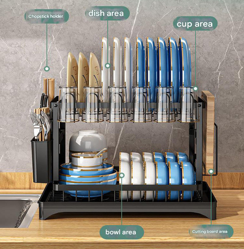 White Foldable Dish Rack with Drain Tray, Knife & Chopstick Holder, Cup Rack, and Cutting Board Support â€“ 42cm x 29cm x 29cm, Easy-Install Kitchen Storage Organizer for Plates, Bowls, Glasses, and Utensils