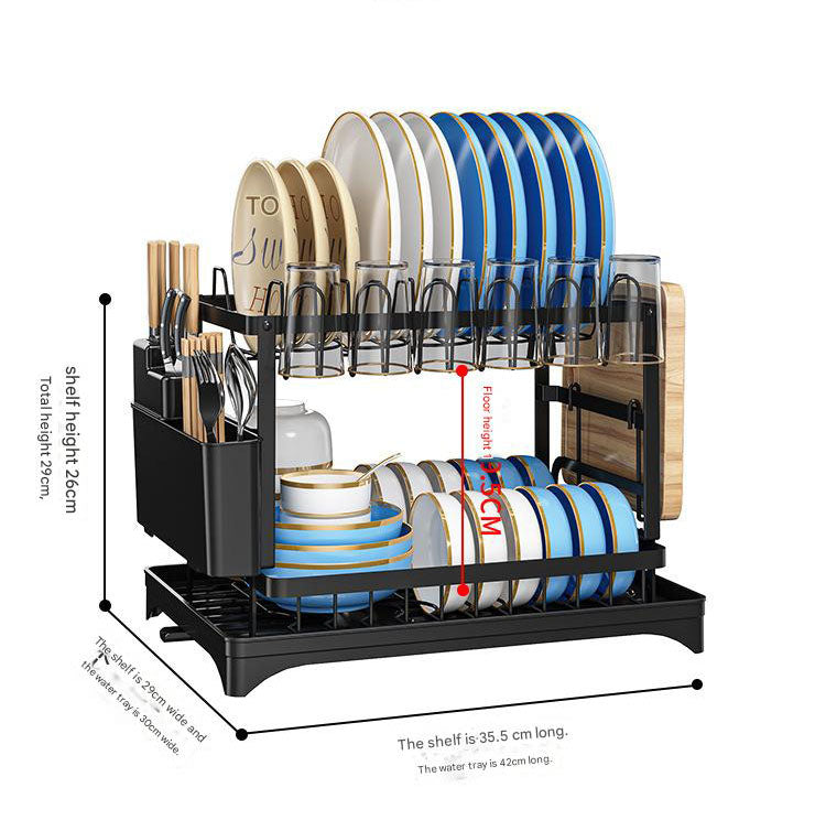 White Foldable Dish Rack with Drain Tray, Knife & Chopstick Holder, Cup Rack, and Cutting Board Support â€“ 42cm x 29cm x 29cm, Easy-Install Kitchen Storage Organizer for Plates, Bowls, Glasses, and Utensils