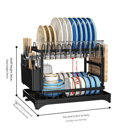 White Foldable Dish Rack with Drain Tray, Knife & Chopstick Holder, Cup Rack, and Cutting Board Support â€“ 42cm x 29cm x 29cm, Easy-Install Kitchen Storage Organizer for Plates, Bowls, Glasses, and Utensils