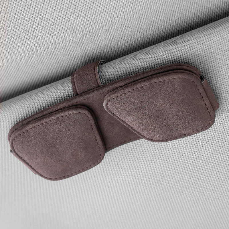 Brown Car Sun Visor Sunglasses Holder â€“ Magnetic Dual Clip Organizer with Suede Finish, No-Drill Mounting for Glasses, Cards & Tickets