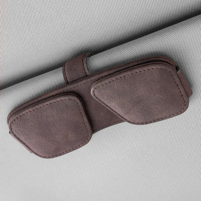 Brown Car Sun Visor Sunglasses Holder â€“ Magnetic Dual Clip Organizer with Suede Finish, No-Drill Mounting for Glasses, Cards & Tickets