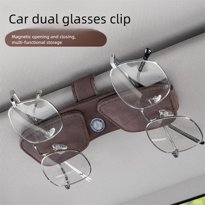 Black Car Sun Visor Sunglasses Holder â€“ Magnetic Dual Clip Organizer with Suede Finish, No-Drill Mounting for Glasses, Cards & Tickets