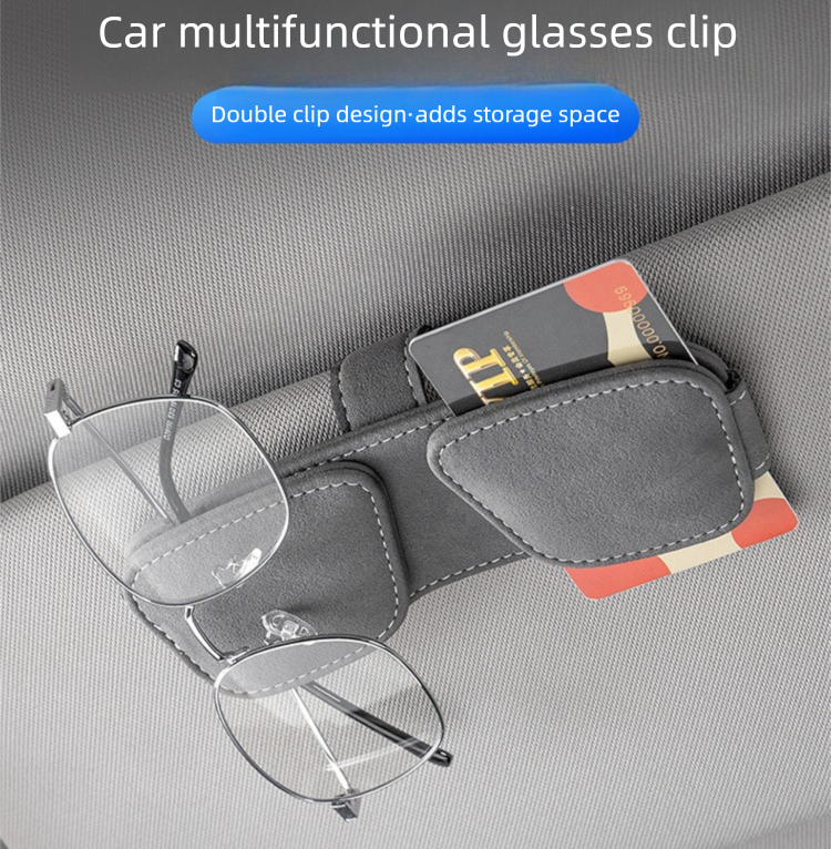 Grey Car Sun Visor Sunglasses Holder â€“ Magnetic Dual Clip Organizer with Suede Finish, No-Drill Mounting for Glasses, Cards & Tickets
