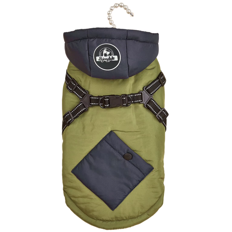 Green Thickened Winter Dog Coat with Reflective Strips â€“ Waterproof, Windproof Pet Jacket for Small to Medium Dogs, Adjustable Fit with Detachable Leash Hook and Decorative Velcro Patch(Size: M)