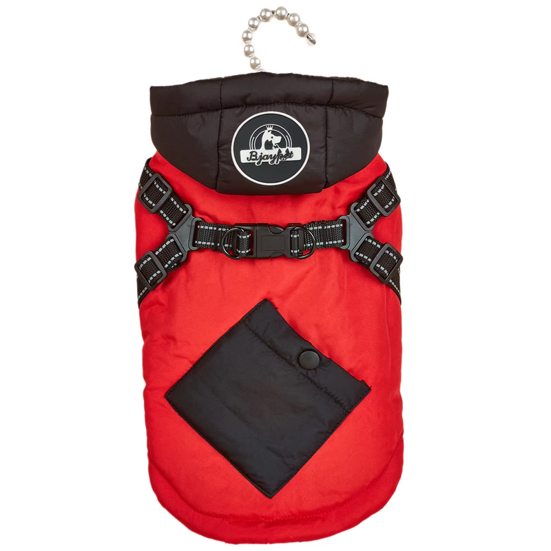Red Thickened Winter Dog Coat with Reflective Strips â€“ Waterproof, Windproof Pet Jacket for Small to Medium Dogs, Adjustable Fit with Detachable Leash Hook and Decorative Velcro Patch(Size: M)