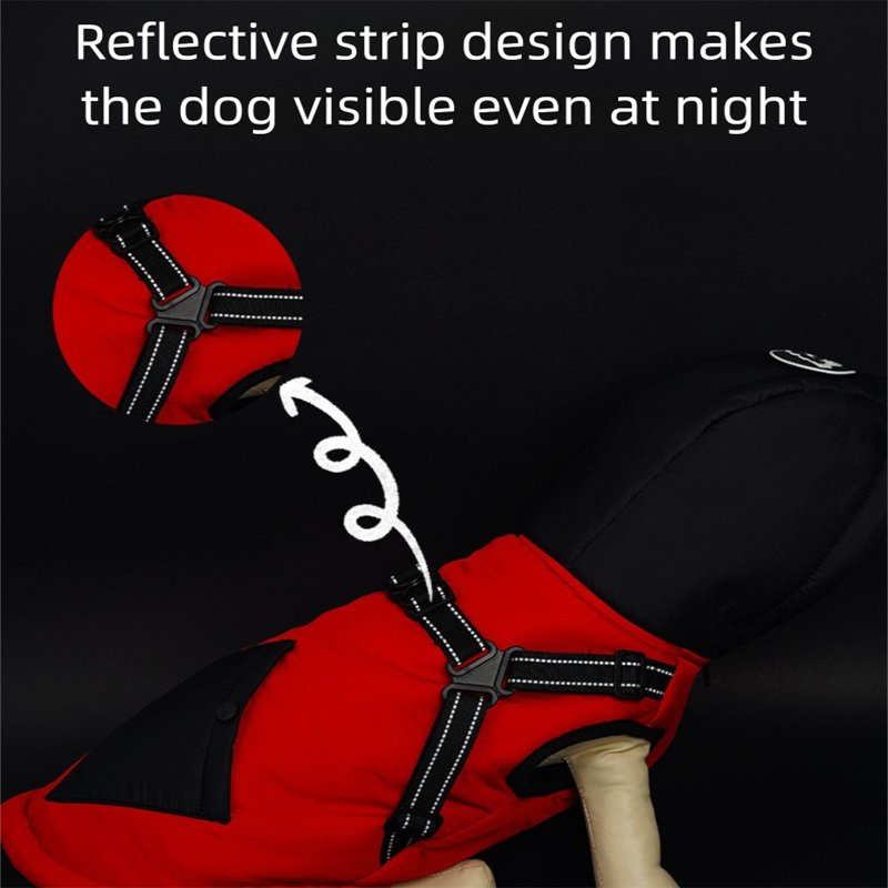 Red Thickened Winter Dog Coat with Reflective Strips â€“ Waterproof, Windproof Pet Jacket for Small to Medium Dogs, Adjustable Fit with Detachable Leash Hook and Decorative Velcro Patch(Size: M)