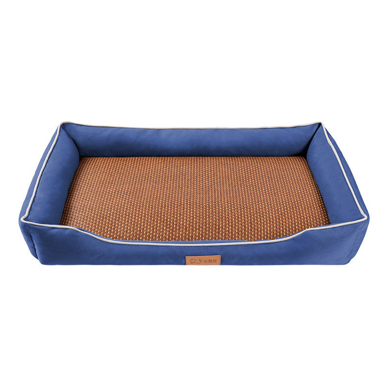 Blue Rectangular Pet Bed with Removable Cooling Mat â€“ Durable 600D Oxford Fabric Dog & Cat Bed, High-Rebound PP Cotton Filling, Non-Slip Base, for Medium to Large Breeds, Includes Free Cooling Pad(Size:S)