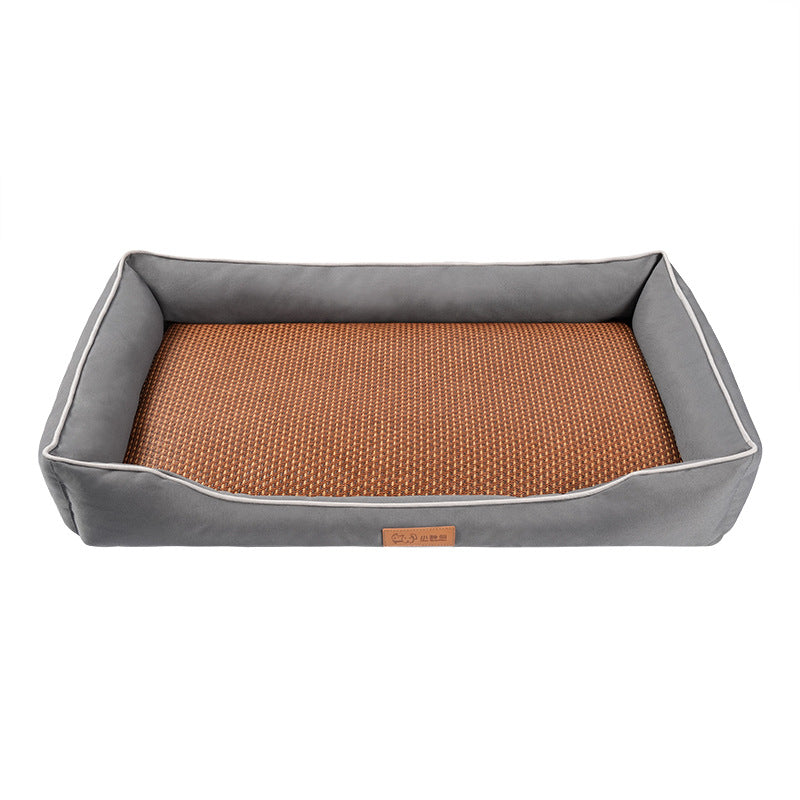 Grey Rectangular Pet Bed with Removable Cooling Mat â€“ Durable 600D Oxford Fabric Dog & Cat Bed, High-Rebound PP Cotton Filling, Non-Slip Base, for Medium to Large Breeds, Includes Free Cooling Pad(Size:M)