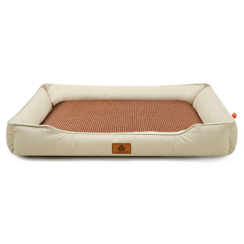 Khaki Rectangular Pet Bed with Removable Cooling Mat â€“ Durable 600D Oxford Fabric Dog & Cat Bed, High-Rebound PP Cotton Filling, Non-Slip Base, for Medium to Large Breeds, Includes Free Cooling Pad(Size:L)