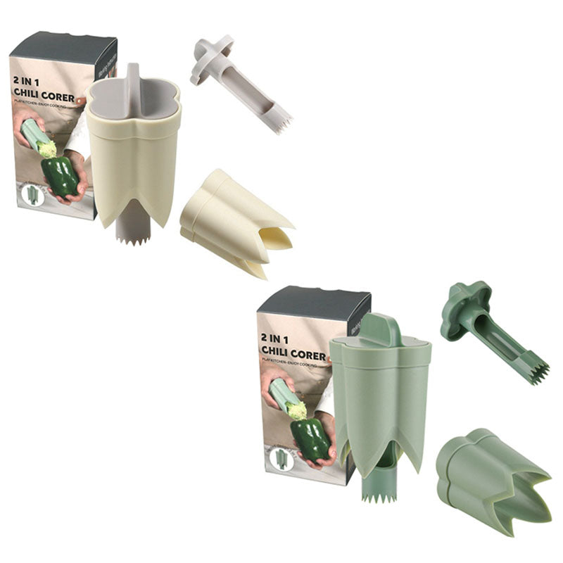2-Pack ABS Vegetable Core Remover â€“ White & Green, Dual Inner Channel Design, Stackable Kitchen Tool for Peppers Tomatoes Apples