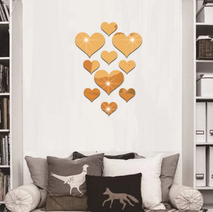 2-Pack Heart-Shaped Acrylic Mirror Wall Decals â€“ Multi-Size Set (Max ~10.5cm), Silver & Gold Finish, Removable Decorative Stickers