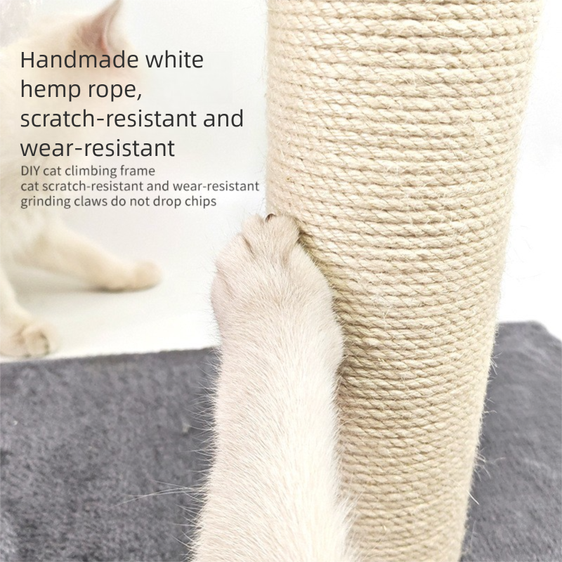 Beige Cat Climbing Frame with Sisal Scratching Post, Integrated Resting Platform and Hanging Pom-Pom Toys – Sturdy Floor Standing Cat Tree for Scratching, Climbing and Relaxation