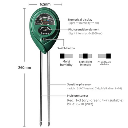 3-in-1 Soil Tester Meter for Moisture, pH and Light Intensity â€“ Battery-Free Analog Probe for Gardening, Farming and Plant Care