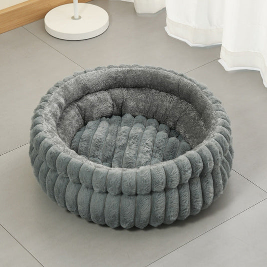 Grey Plush Round Pet Bed with Removable Cushion M Size, Thickened Warm Dog and Cat Nest for Small to Medium Pets, Cozy and Soft Sleeping Space for Home Use