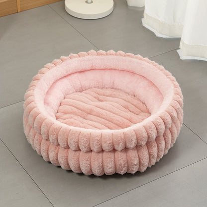 Pink Plush Round Pet Bed with Removable Cushion M Size, Thickened Warm Dog and Cat Nest for Small to Medium Pets, Cozy and Soft Sleeping Space for Home Use