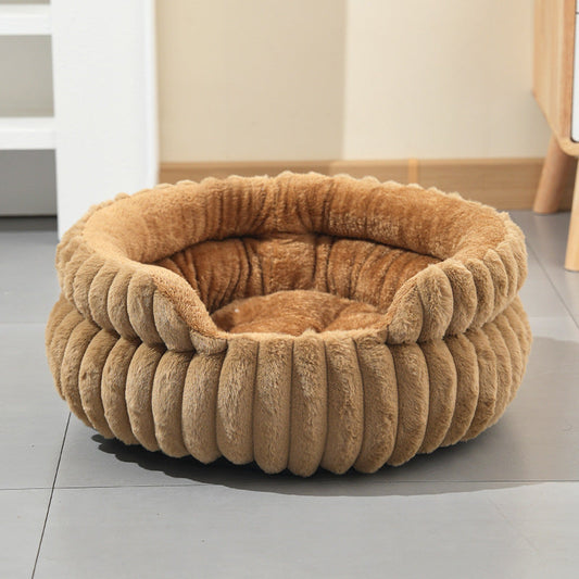 Coffee color Plush Round Pet Bed with Removable Cushion M Size, Thickened Warm Dog and Cat Nest for Small to Medium Pets, Cozy and Soft Sleeping Space for Home Use(Cut-out version)