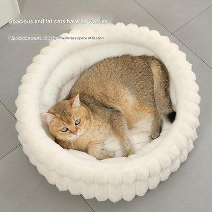 White Plush Round Pet Bed with Removable Cushion M Size, Thickened Warm Dog and Cat Nest for Small to Medium Pets, Cozy and Soft Sleeping Space for Home Use(Cut-out version)