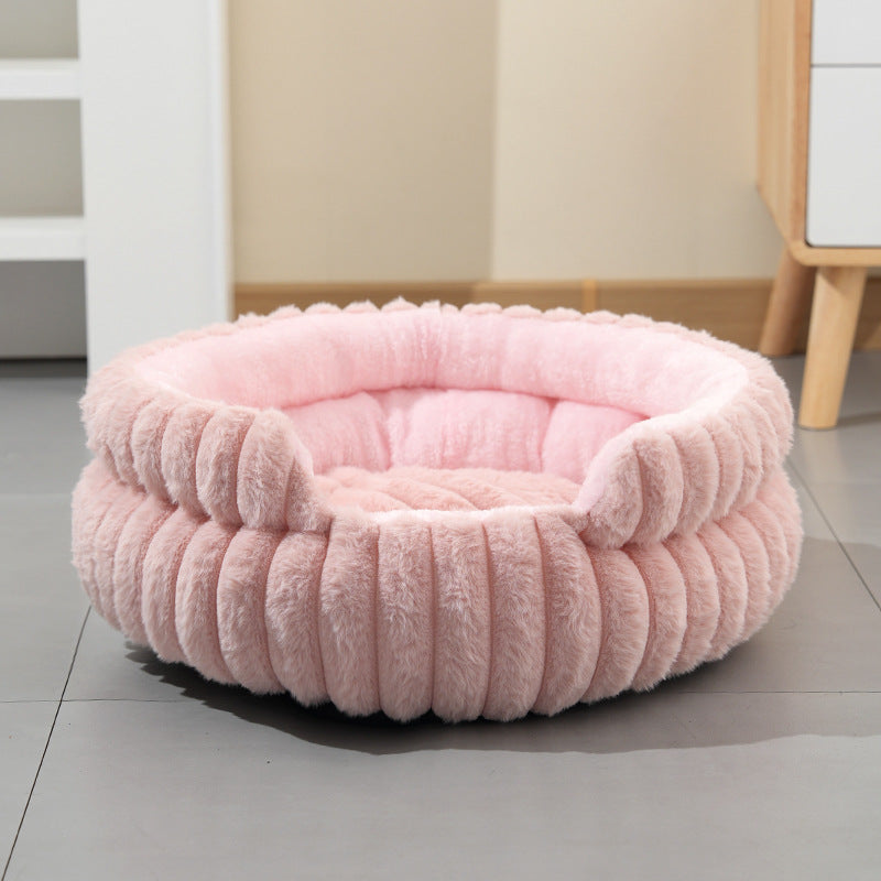 Pink Plush Round Pet Bed with Removable Cushion M Size, Thickened Warm Dog and Cat Nest for Small to Medium Pets, Cozy and Soft Sleeping Space for Home Use(Cut-out version)