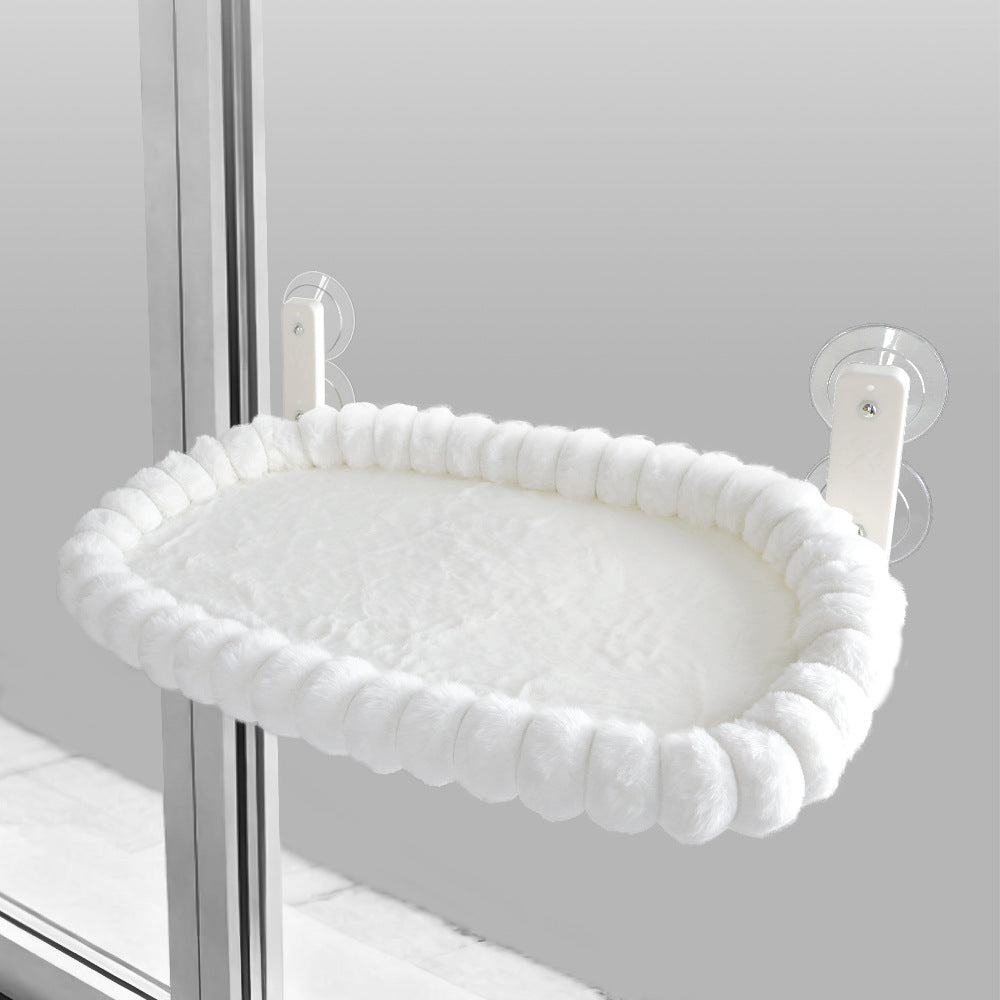 White Plush Cat Window Hammock with Strong Suction Cups, Faux Rabbit Fur Pet Bed for Cats and Small Dogs, Space-Saving Foldable Hanging Cat Perch for Sunbathing and Relaxation