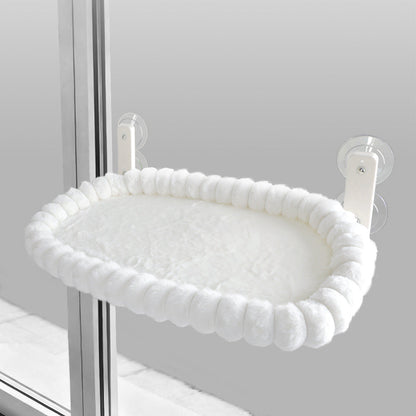 White Plush Cat Window Hammock with Strong Suction Cups, Faux Rabbit Fur Pet Bed for Cats and Small Dogs, Space-Saving Foldable Hanging Cat Perch for Sunbathing and Relaxation