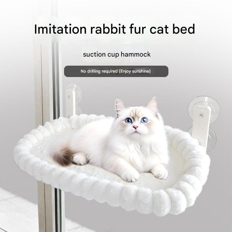 White Plush Cat Window Hammock with Strong Suction Cups, Faux Rabbit Fur Pet Bed for Cats and Small Dogs, Space-Saving Foldable Hanging Cat Perch for Sunbathing and Relaxation