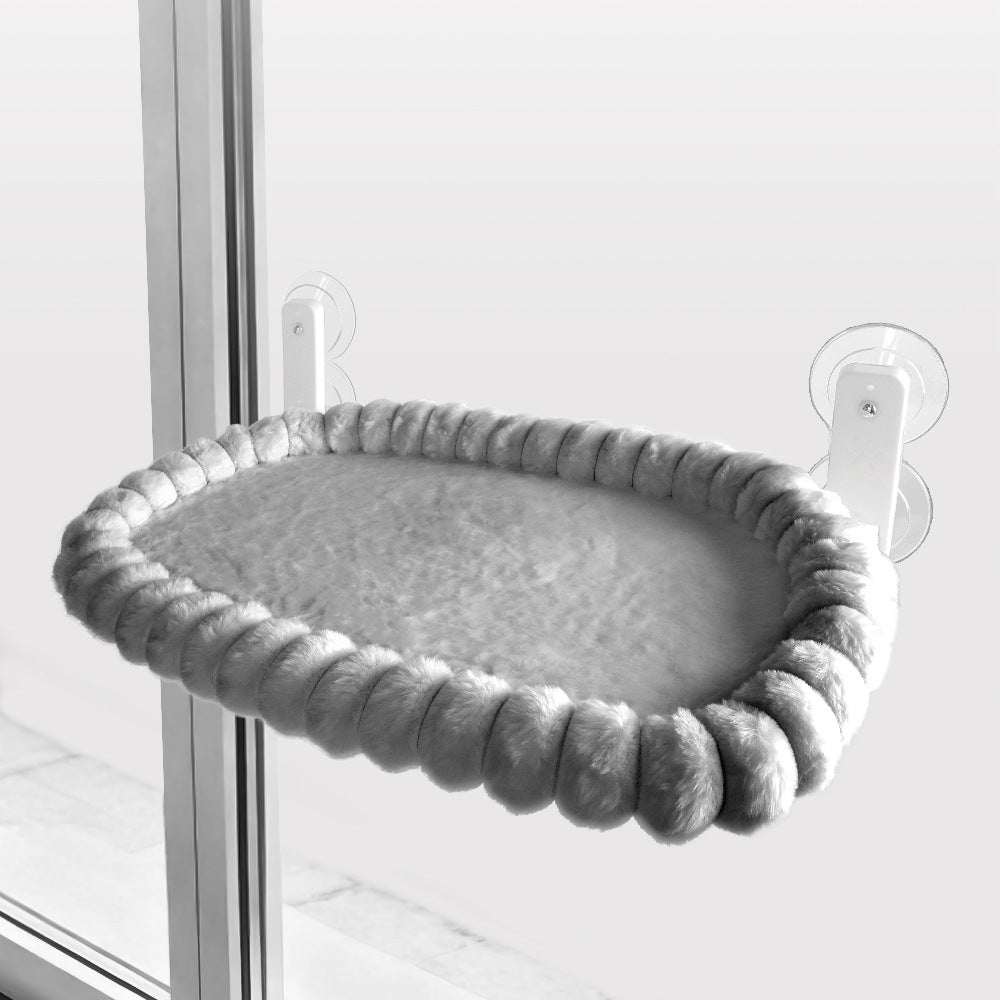 Grey Plush Cat Window Hammock with Strong Suction Cups, Faux Rabbit Fur Pet Bed for Cats and Small Dogs, Space-Saving Foldable Hanging Cat Perch for Sunbathing and Relaxation