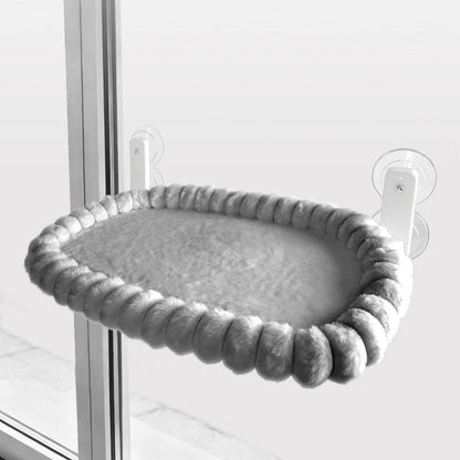Grey Plush Cat Window Hammock with Strong Suction Cups, Faux Rabbit Fur Pet Bed for Cats and Small Dogs, Space-Saving Foldable Hanging Cat Perch for Sunbathing and Relaxation