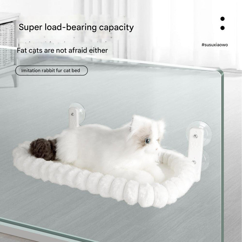 Grey Plush Cat Window Hammock with Strong Suction Cups, Faux Rabbit Fur Pet Bed for Cats and Small Dogs, Space-Saving Foldable Hanging Cat Perch for Sunbathing and Relaxation