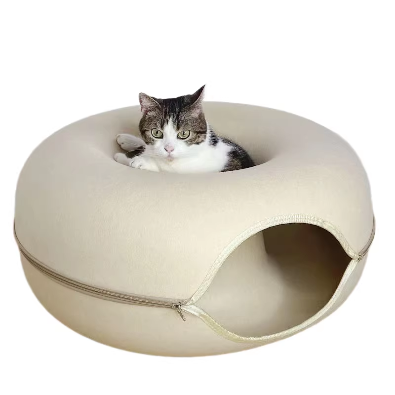 Beige Felt Donut Cat Bed with Zipper Tunnel Toy, Double-Layer Pet Cave for Cats, M Size (50x20cm), Cozy Hideaway for Indoor Cats