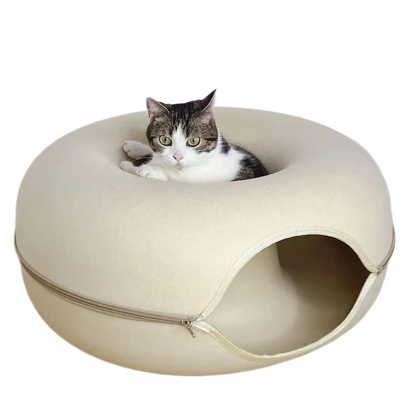Beige Felt Donut Cat Bed with Zipper Tunnel Toy, Double-Layer Pet Cave for Cats, M Size (50x20cm), Cozy Hideaway for Indoor Cats