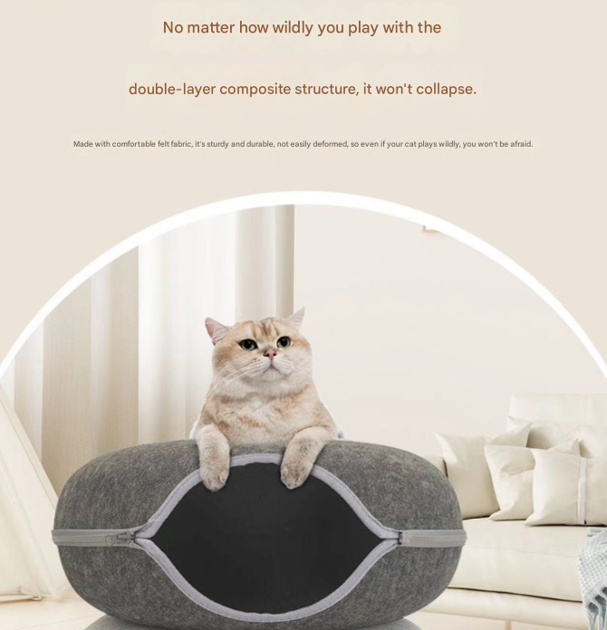 Beige Felt Donut Cat Bed with Zipper Tunnel Toy, Double-Layer Pet Cave for Cats, M Size (50x20cm), Cozy Hideaway for Indoor Cats