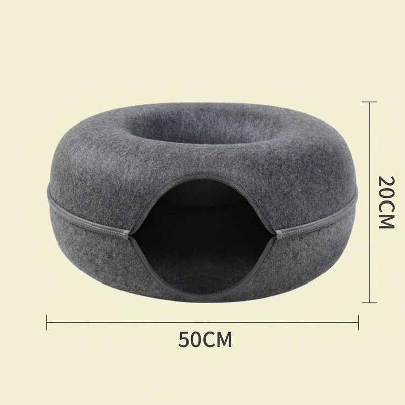 Beige Felt Donut Cat Bed with Zipper Tunnel Toy, Double-Layer Pet Cave for Cats, M Size (50x20cm), Cozy Hideaway for Indoor Cats