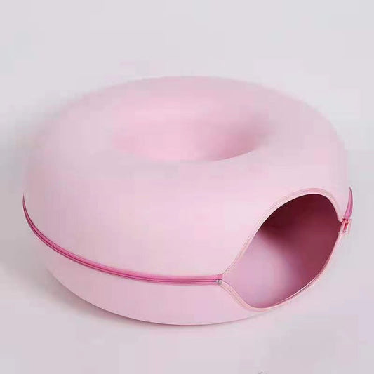 Pink Felt Donut Cat Bed with Zipper Tunnel Toy, Double-Layer Pet Cave for Cats, M Size (50x20cm), Cozy Hideaway for Indoor Cats