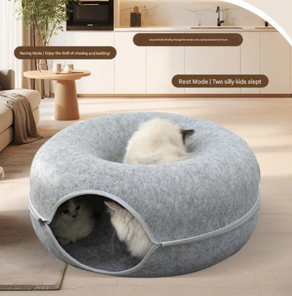 Pink Felt Donut Cat Bed with Zipper Tunnel Toy, Double-Layer Pet Cave for Cats, M Size (50x20cm), Cozy Hideaway for Indoor Cats