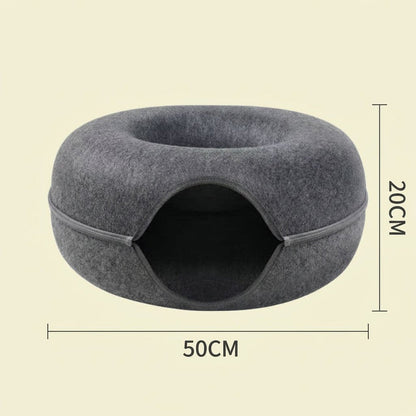 Sky blue Felt Donut Cat Bed with Zipper Tunnel Toy, Double-Layer Pet Cave for Cats, M Size (50x20cm), Cozy Hideaway for Indoor Cats