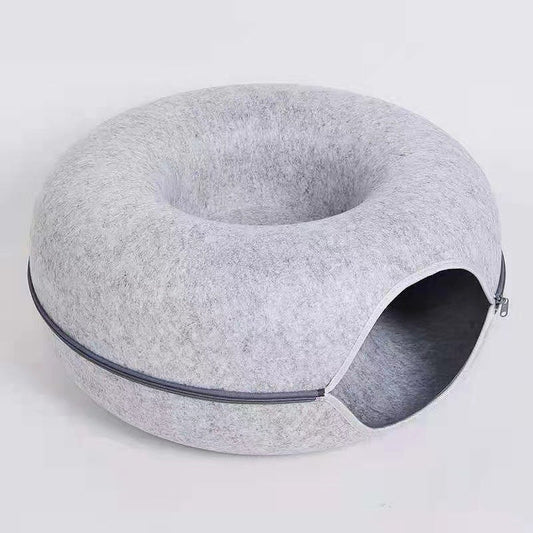 Light grey Felt Donut Cat Bed with Zipper Tunnel Toy, Double-Layer Pet Cave for Cats, M Size (50x20cm), Cozy Hideaway for Indoor Cats