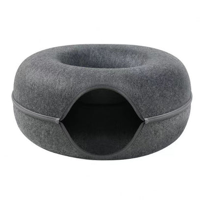 Dark grey Felt Donut Cat Bed with Zipper Tunnel Toy, Double-Layer Pet Cave for Cats, M Size (50x20cm), Cozy Hideaway for Indoor Cats