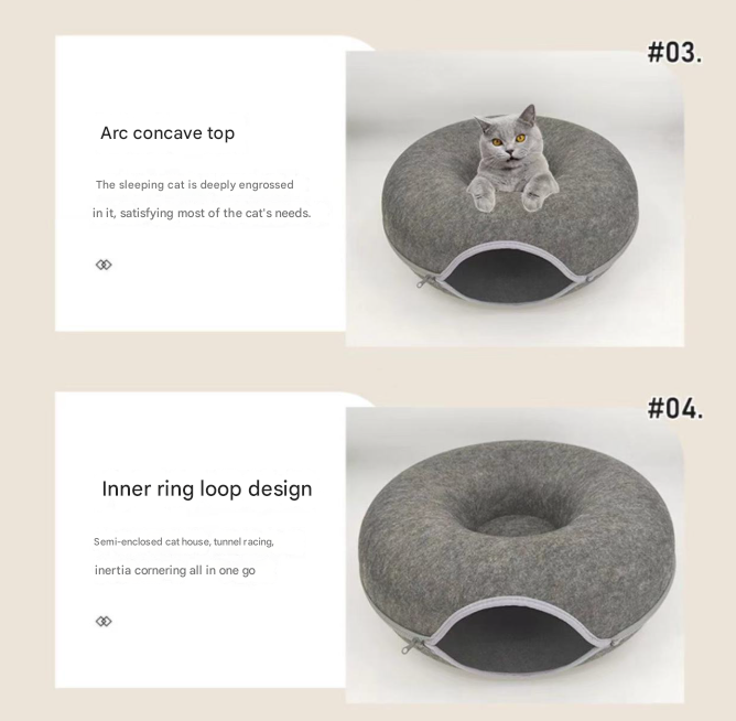 Dark grey Felt Donut Cat Bed with Zipper Tunnel Toy, Double-Layer Pet Cave for Cats, M Size (50x20cm), Cozy Hideaway for Indoor Cats