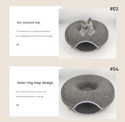 Dark grey Felt Donut Cat Bed with Zipper Tunnel Toy, Double-Layer Pet Cave for Cats, M Size (50x20cm), Cozy Hideaway for Indoor Cats