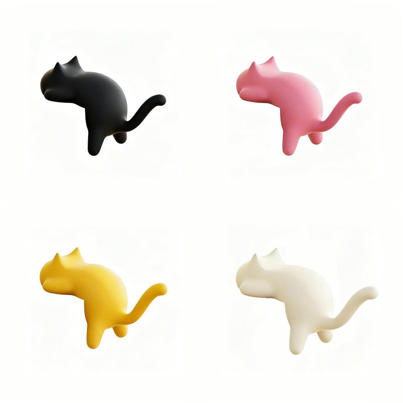 4-Pack Cat-Shaped Desk Hooks - No-Drill Adhesive Mount, Multi-Functional Side Table Organizer for Students & Home Office, Includes Black, Yellow, Pink & White ABS Plastic Hooks