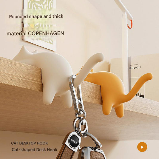 4-Pack Cat-Shaped Desk Hooks - No-Drill Adhesive Mount, Multi-Functional Side Table Organizer for Students & Home Office, Includes Black, Yellow, Pink & White ABS Plastic Hooks