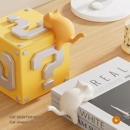 4-Pack Cat-Shaped Desk Hooks - No-Drill Adhesive Mount, Multi-Functional Side Table Organizer for Students & Home Office, Includes Black, Yellow, Pink & White ABS Plastic Hooks