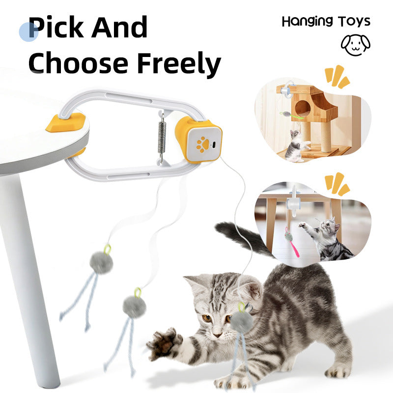 Electric Interactive Cat Teaser with Remote Control & Door Clip – Dual-Mode Swinging & Rotating Motion, Auto 15-Minute Play, Safe ABS Material, Includes 4 Tail Toys, for Cats & Small Pets