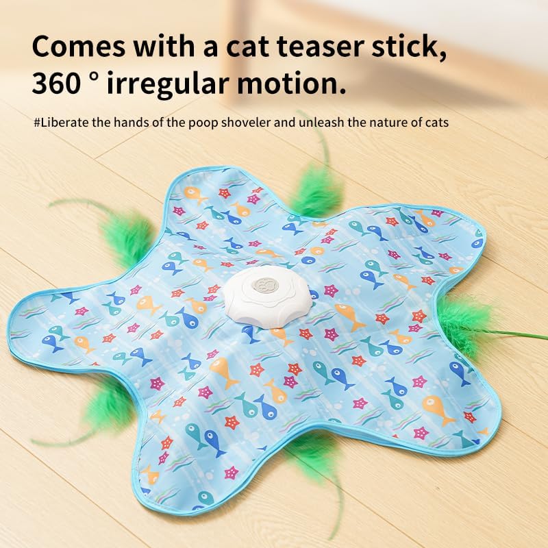 Automatic Cat Hunting Game Mat with 360° Teaser Wand, USB-C Rechargeable Interactive Pet Toy for Indoor Cats, Self-Entertainment Hide-and-Seek Play Mat, Durable Fabric & ABS Construction(Triangular fish design)