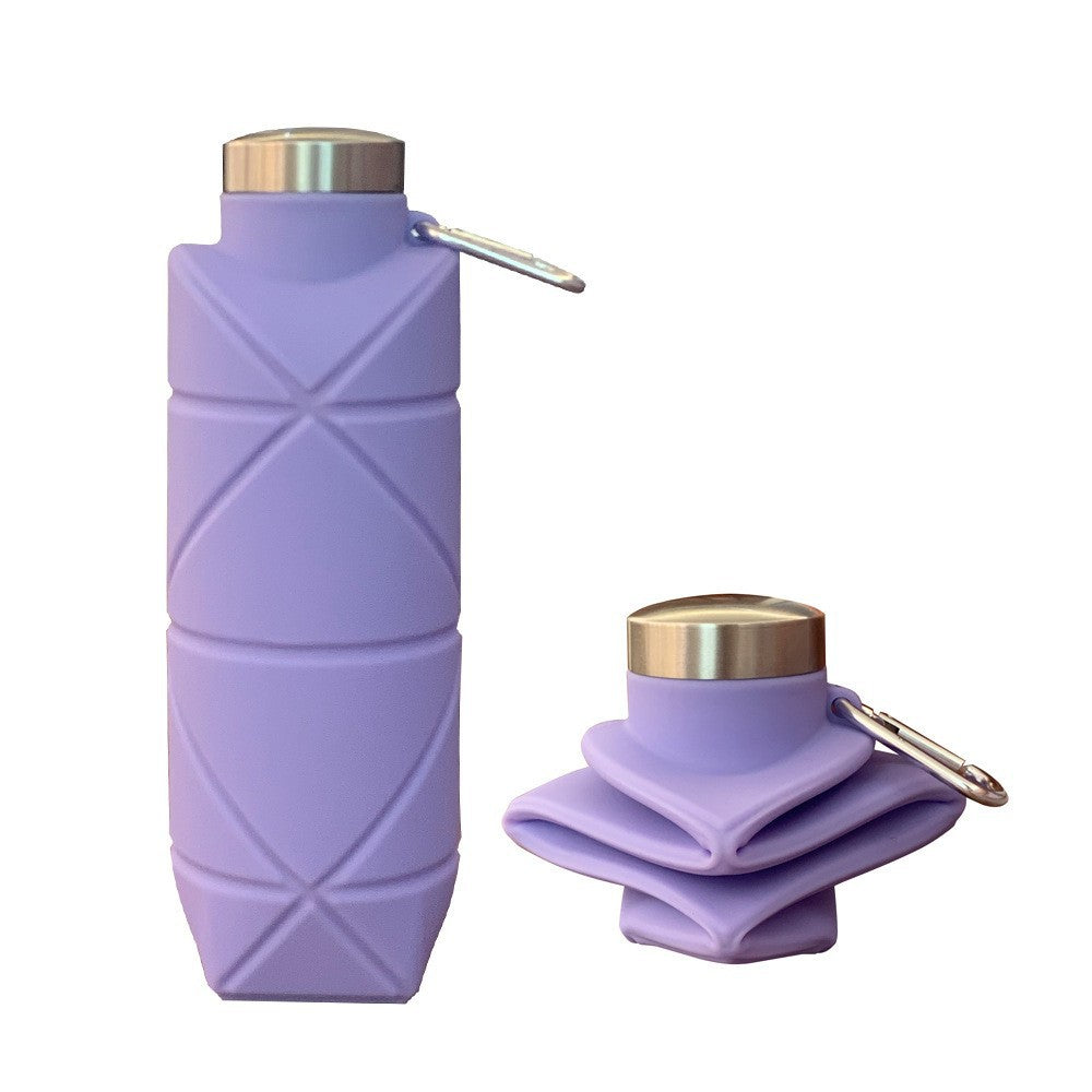 Purple 700ml Collapsible Silicone Water Bottle with Diamond Pattern - Food-Grade Portable Sports Bottle for Hiking, Camping, Travel & Gym - Leak-Proof Foldable Design with Carabiner Clip