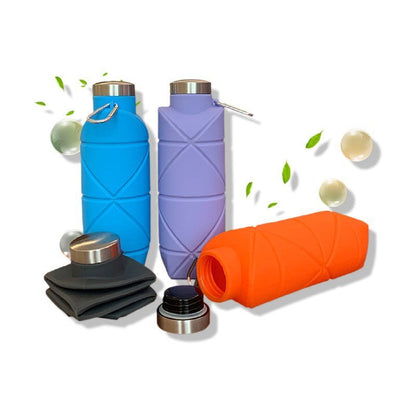 Purple 700ml Collapsible Silicone Water Bottle with Diamond Pattern - Food-Grade Portable Sports Bottle for Hiking, Camping, Travel & Gym - Leak-Proof Foldable Design with Carabiner Clip