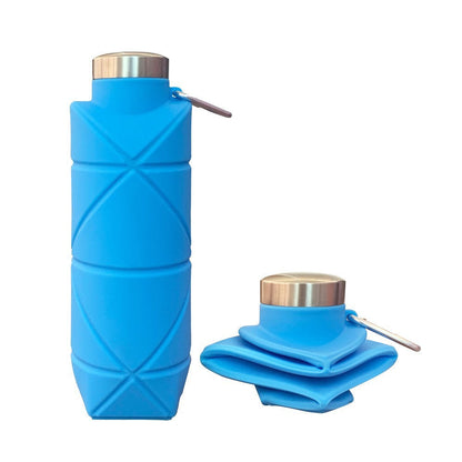 Blue 700ml Collapsible Silicone Water Bottle with Diamond Pattern - Food-Grade Portable Sports Bottle for Hiking, Camping, Travel & Gym - Leak-Proof Foldable Design with Carabiner Clip