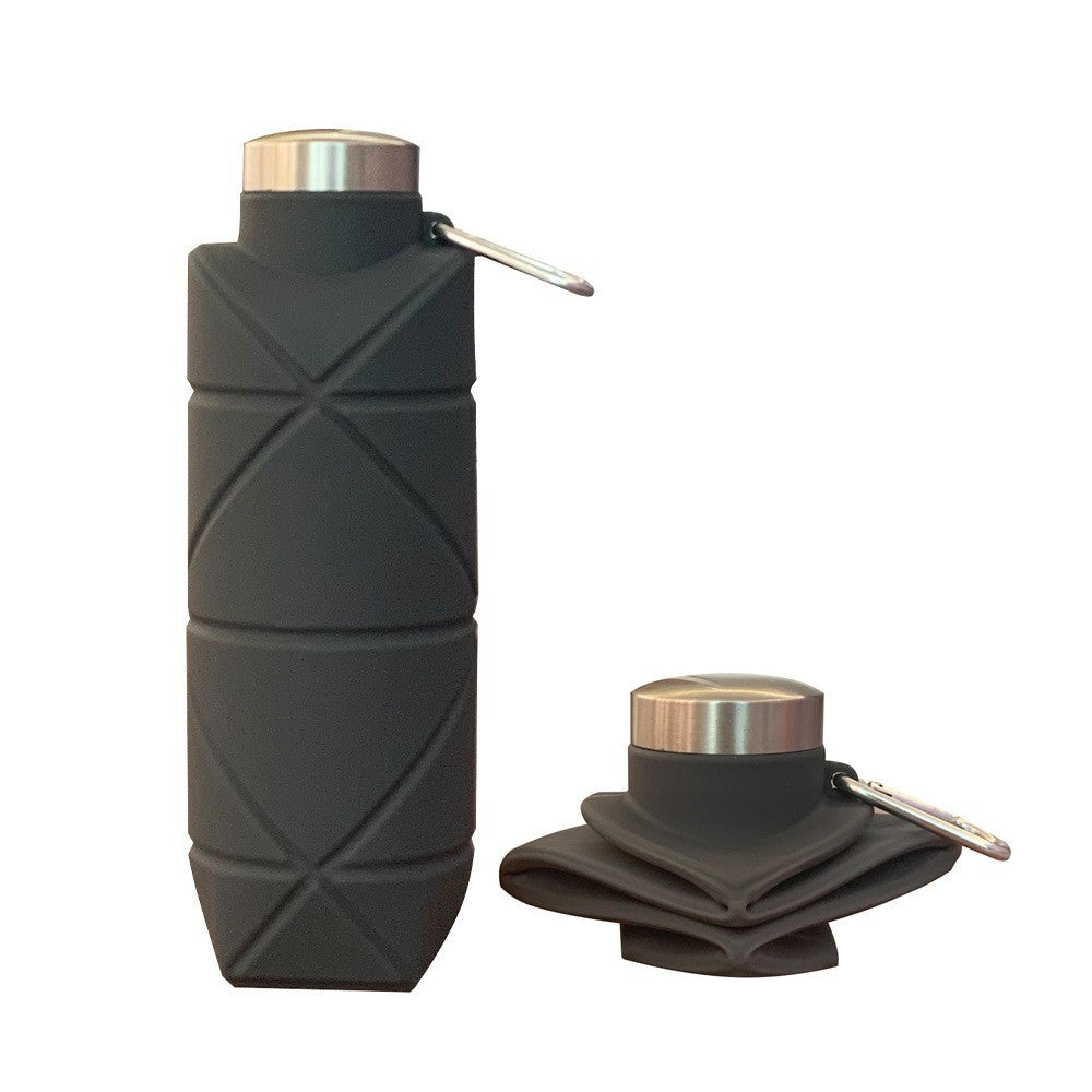 Grey 700ml Collapsible Silicone Water Bottle with Diamond Pattern - Food-Grade Portable Sports Bottle for Hiking, Camping, Travel & Gym - Leak-Proof Foldable Design with Carabiner Clip