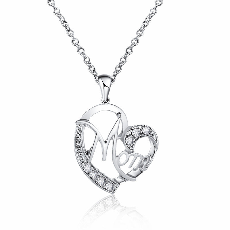 Silver MOM Heart Pendant Necklace with Rhinestones - Adjustable 47+5cm Chain, Lightweight Alloy Jewelry for Mother's Day Gift, Everyday Wear & Special Occasions - Elegant Letter Design for Women