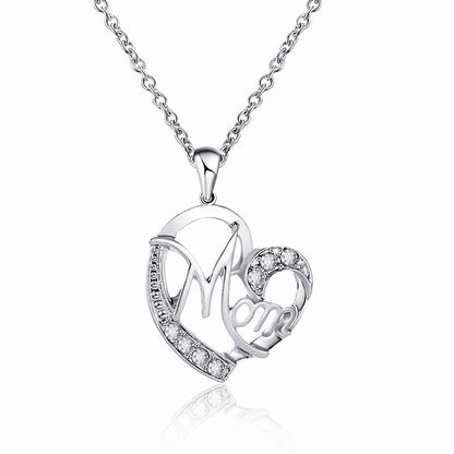 Silver MOM Heart Pendant Necklace with Rhinestones - Adjustable 47+5cm Chain, Lightweight Alloy Jewelry for Mother's Day Gift, Everyday Wear & Special Occasions - Elegant Letter Design for Women